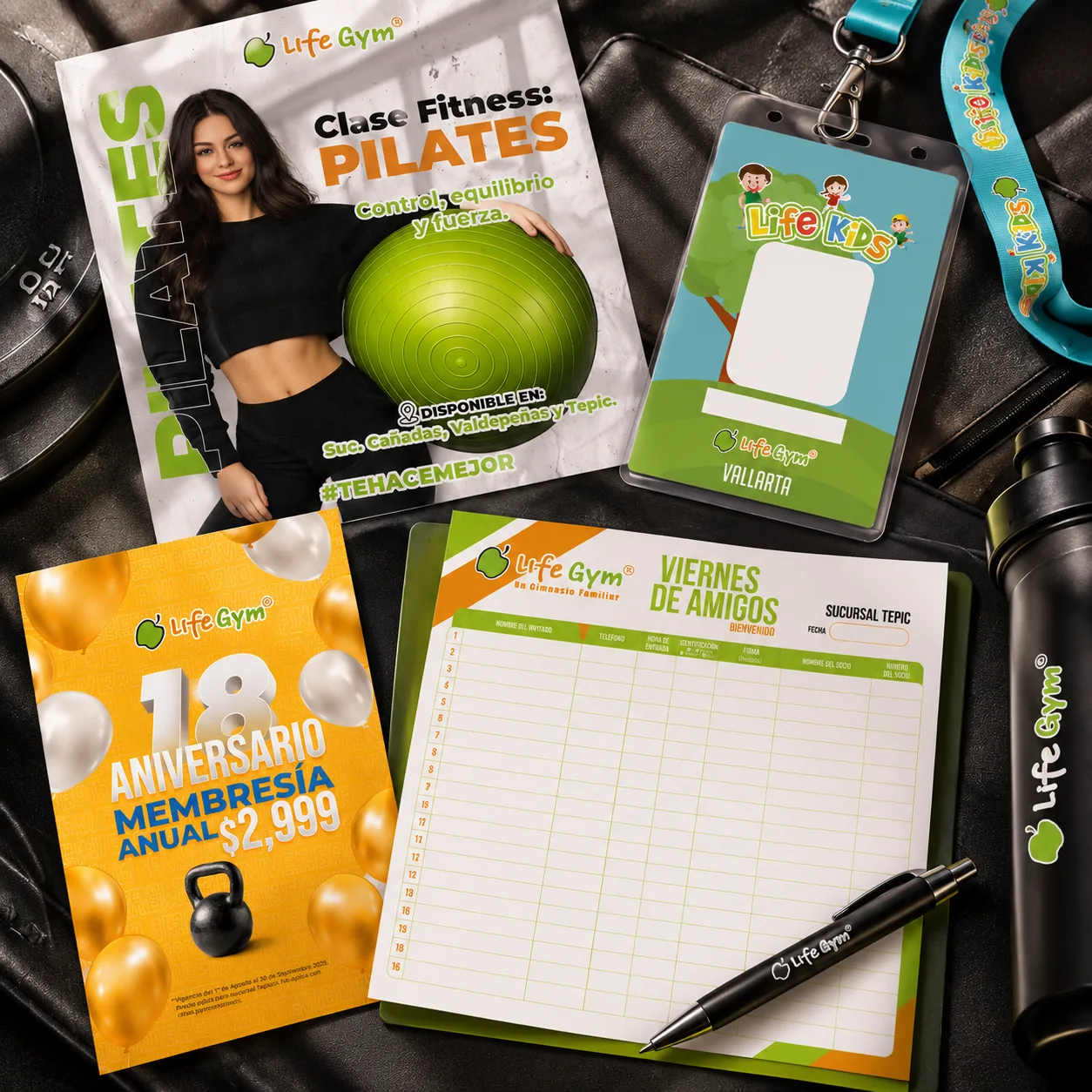 Aplicaciones impresas y materiales de marca de Life Gym.