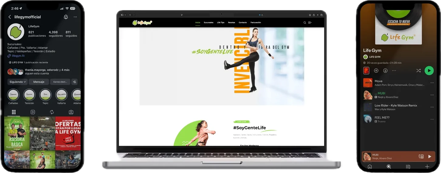 Sitio web y canales digitales de Life Gym en dos teléfonos y una computadora.