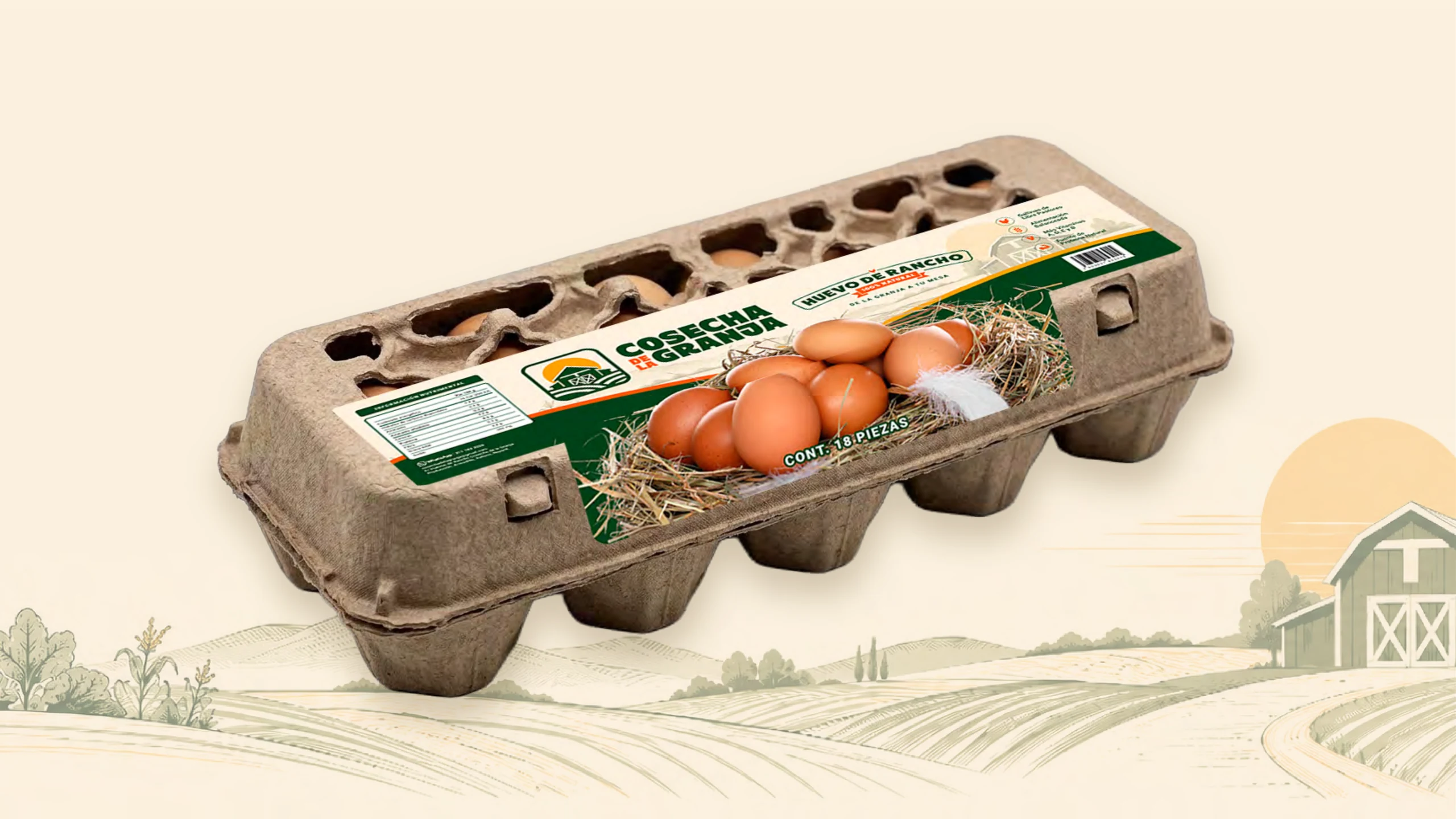 Mockup del empaque para 18 huevos de Cosecha de la Granja.