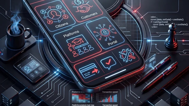 Ilustración de un teléfono con iconos de clientes, plataformas, portal y pagos sobre una placa de circuitos.