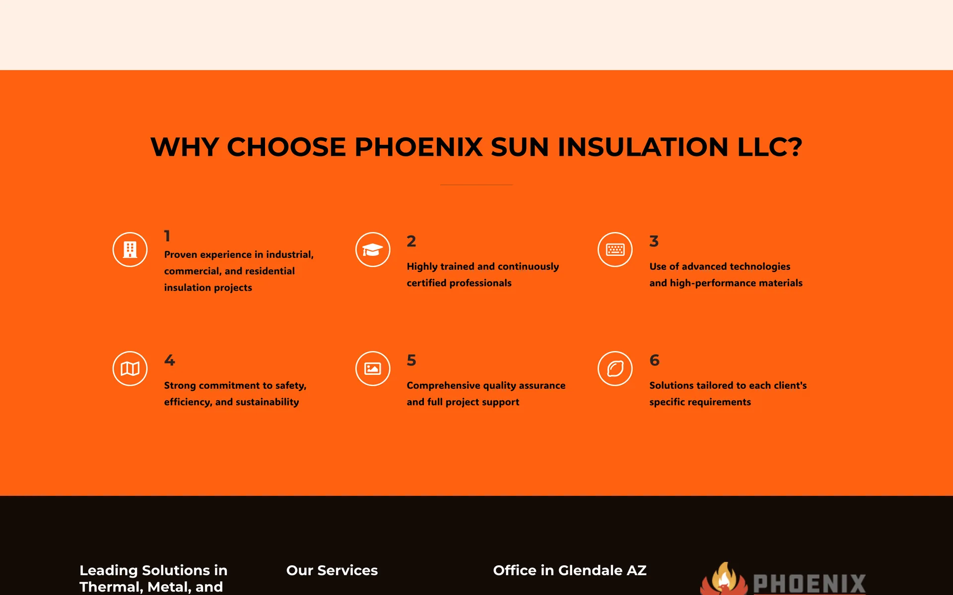 Sección «Why choose Phoenix Sun Insulation» y pie del sitio con su logotipo.