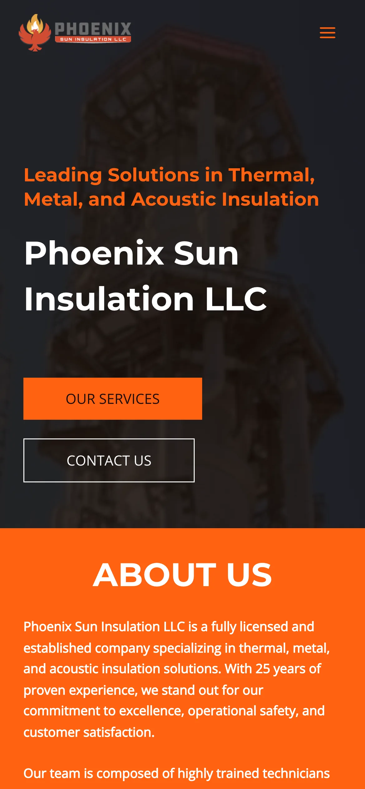 Inicio del sitio de Phoenix Sun Insulation visto en un teléfono.