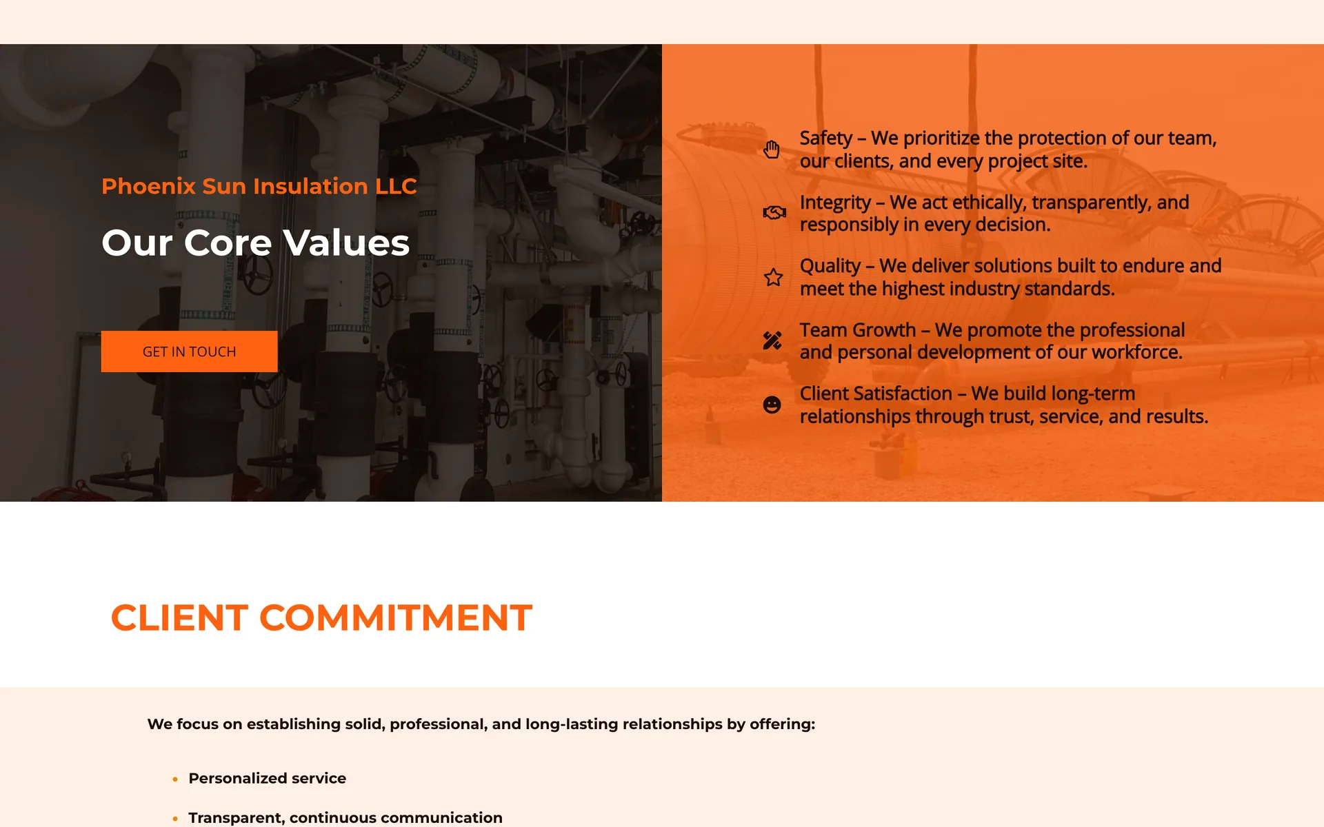 Sección de valores y compromiso con el cliente del sitio de Phoenix Sun Insulation.
