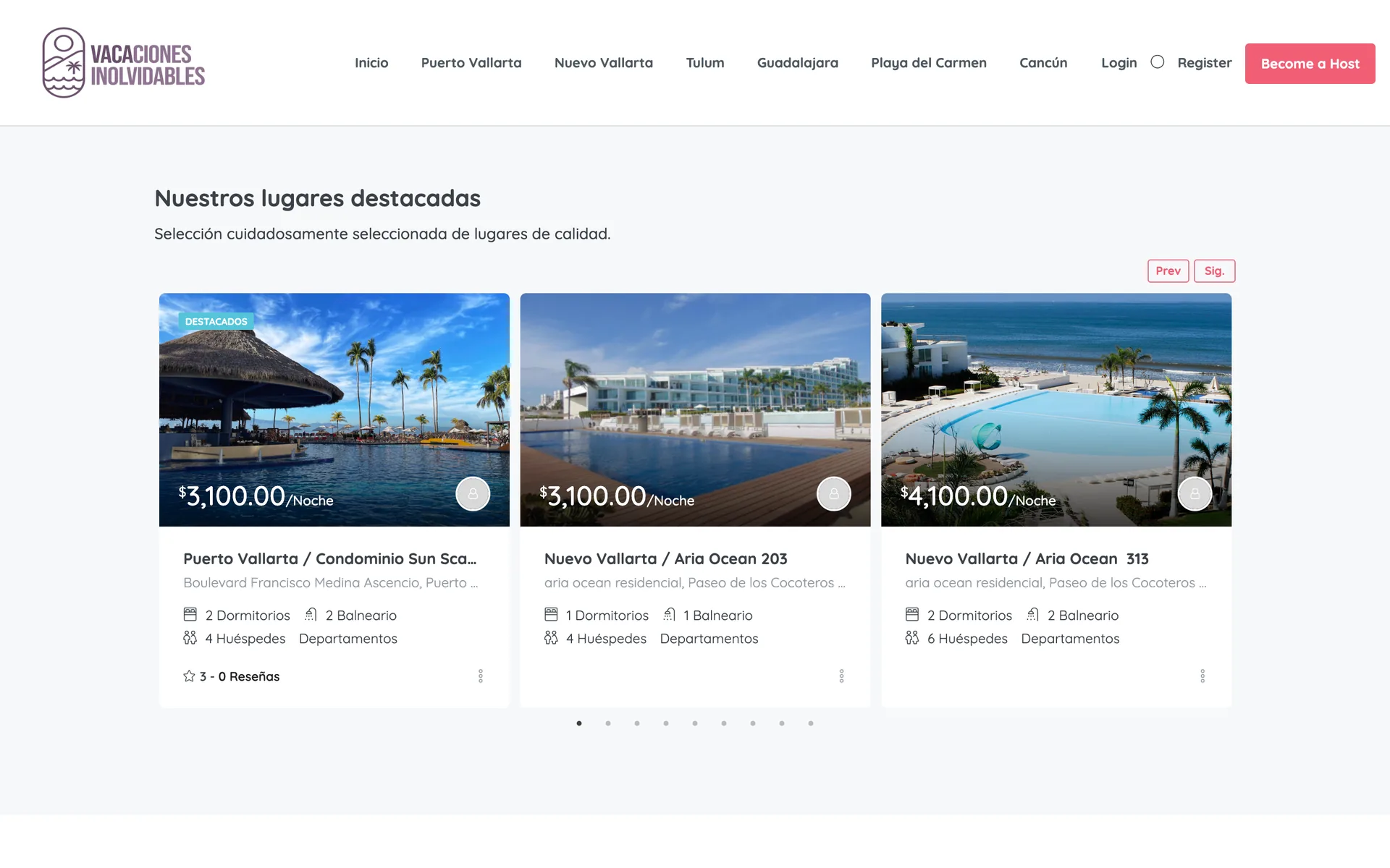 Listado de lugares en el sitio Vacaciones Inolvidables.
