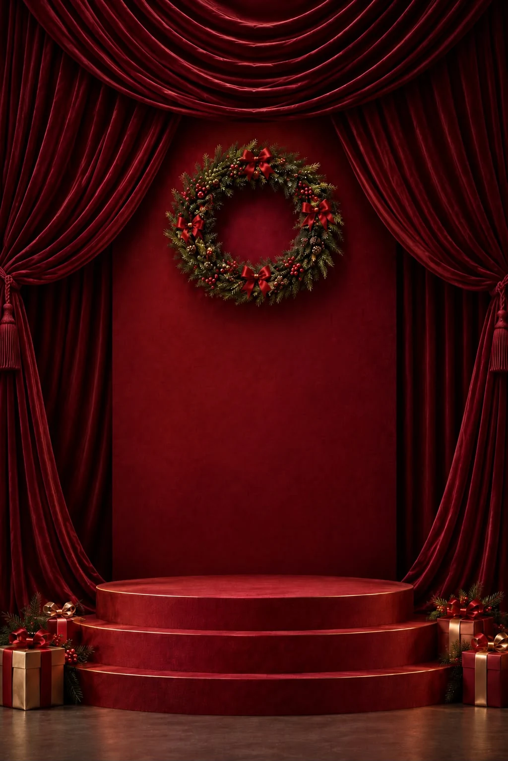 Propuesta visual de un escenario navideño borgoña con cortinas, corona y pedestales. · Propuesta visual compartida por el cliente.