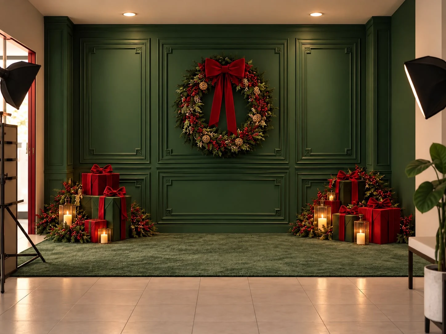 Propuesta visual de un set navideño verde pino con corona, listones y regalos. · Propuesta visual compartida por el cliente.